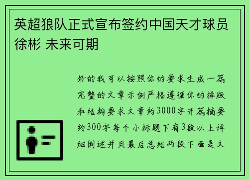 英超狼队正式宣布签约中国天才球员徐彬 未来可期